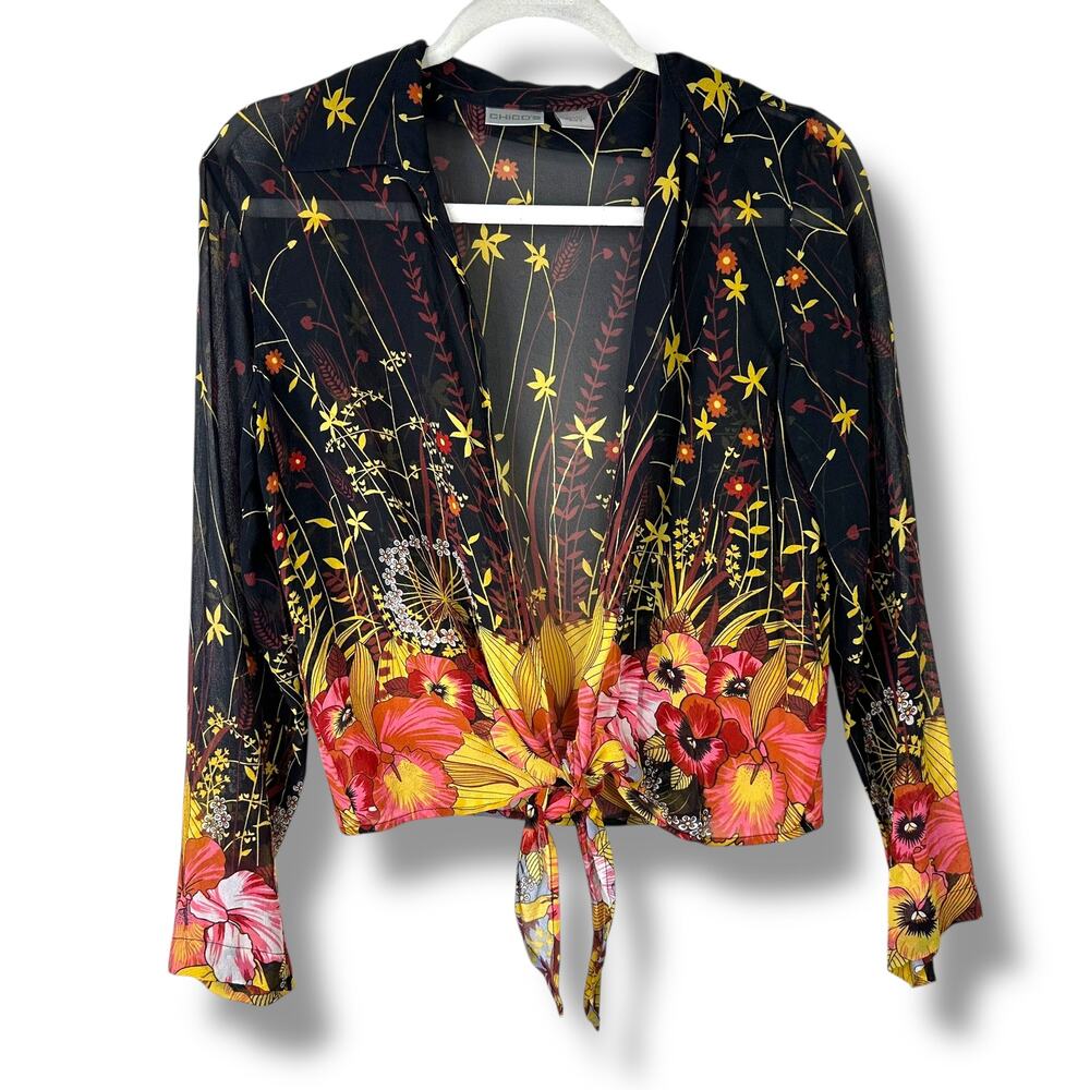 Chico's Vibrant Floral 100% Silk Sheer Tie Front Long Sleeve Wrap Blouse Size 0
